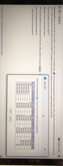 %B9-1 (static) I Question Help Payback period. Given the cash flow of four projects ABC, and the following table and using th