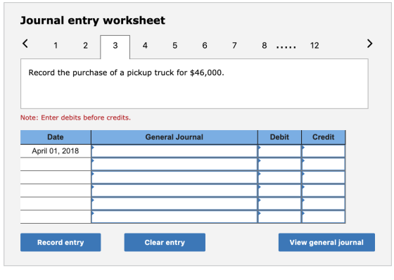 Journal entry worksheet 3 1 2 5 6 7 12 Record the purchase of a pickup truck for $46,000. Note: Enter debits before credits.