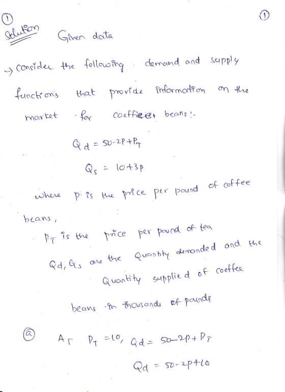 ven daita considle the folloo demand ond supply ncb oms that shere Psetce per pound of coffee ее beans Tshe cper pound of tea uonhhy demonde d and he bplie d of coeffes