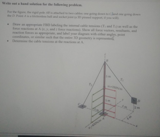 Write out a hand solution for the following problem. For the figure, the rigid pole AB is attached to two cables: one going down to Cland one going down the D. Point A is a frictionless ball and socket joint (a 3D pinned support, if you will), . Draw an appropriate FBD labeling the internal cable tensions (Ti and T:) as well as the forc e reactions at A (x, y, and force reactions). Show all force vectors, resultants, and reaction forces as appropriate, and label your diagram with either angles, point rdinates, or similar such that the entire 3D geometry is represented Determine the cable tensions at the reactions at A. . Ti T2 w-350N/m 5 m 2 m m -4