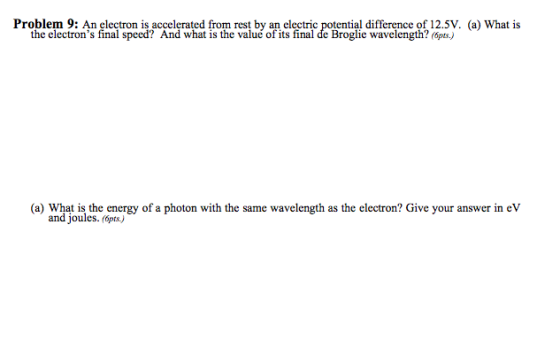 Problem 9: An electron is accelerated from rest by an electric potential difference of 12.5V. (a) What is the electrons fina