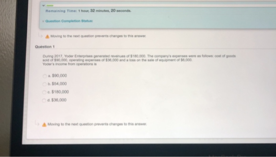 Remaining Time: 1 hour, 32 minutes, 20 seconds. Question Completion Status Moving to the next question prevents changes to th