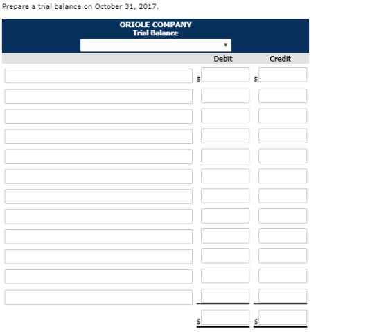 Prepare a trial balance on October 31, 2017 ORIOLE COMPANY Trial Balance Debit Credit