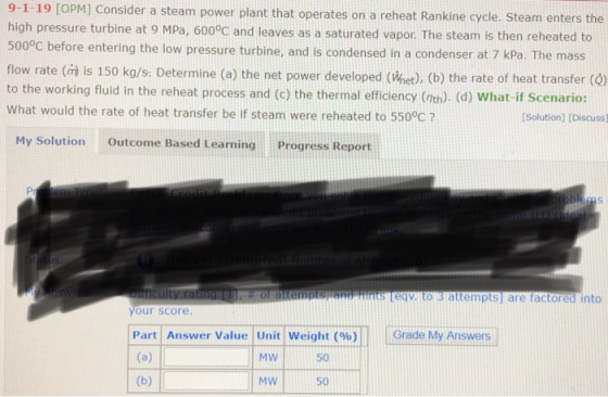 9-1-19 [OPM] Consider a steam power plant that operates on a reheat Rankine cycle. Steam enters the high pressure turbine at