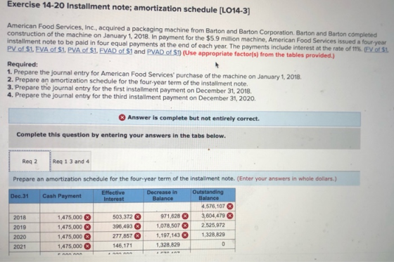 Exercise 14-20 Installment note; amortization schedule (L014-3) American Food Services, Inc., acquired a packaging machine fr