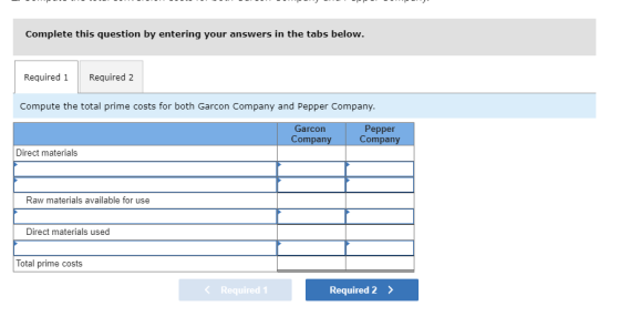 Complete this question by entering your answers in the tabs below. Required 1 Required 2 Compute the total prime costs for bo