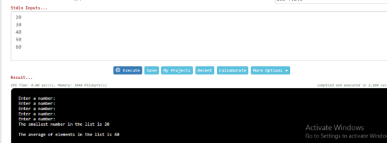 Stdin Inputs... 20 30 40 50 60 O Execute ave My Projects Recent Collaborate More Options Result... CPU Time: 8.ee sec(s), Mem
