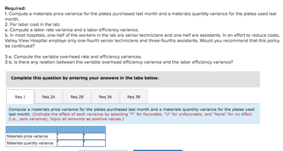 Required: 1. Compute a materials price variance for the plates purchased last month and a materials quantity variance for the