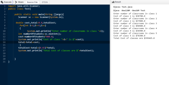 Execute!!> Share Source File STDIN I.lh Result import java.util.Scann 2 public clss Test 3 er; $javac Test.java $java -Xmx128