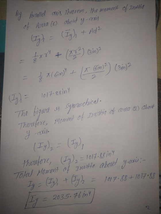 By portallel axis Theorem, the moment of Inertila of Area (2) about y qis (Ty), = (Iy), + Ad2 **** + (902) Cin) = $1(60) + (