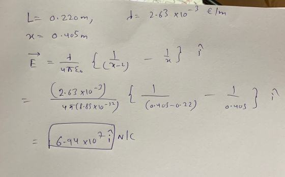 -3 cm L= 0.22om, = 2.63 x 10 u= 0.405m t I utko (x-2) 1 (2.637107) 48 (8-85 X6-12) A 3 (onos-0.22) oYUS 7 NC 6.94 x 10