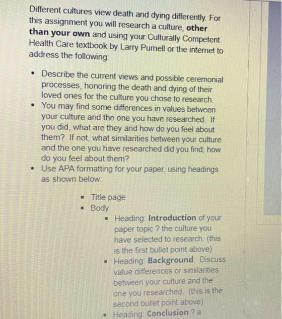 Different cultures view death and dying differently. For this assignment you will research a culture, other than your own and