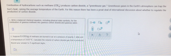 Combustion of hydrocarbons such as methane (CH) produces carbon dioxide, a greenhouse gas. Greenhouse gases in the Earths