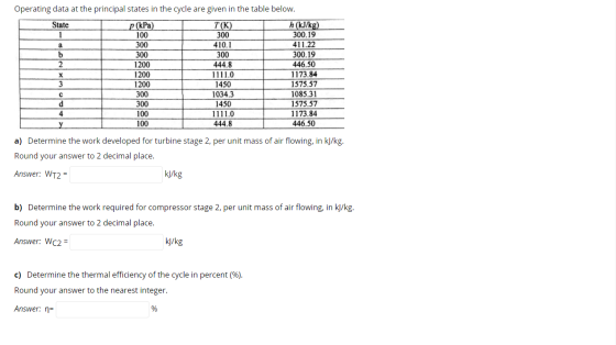 Operating data at the principal states in the cycle are given in the table below. State 1 a b 2 X 3 p (kPa) 100 300 300 1200