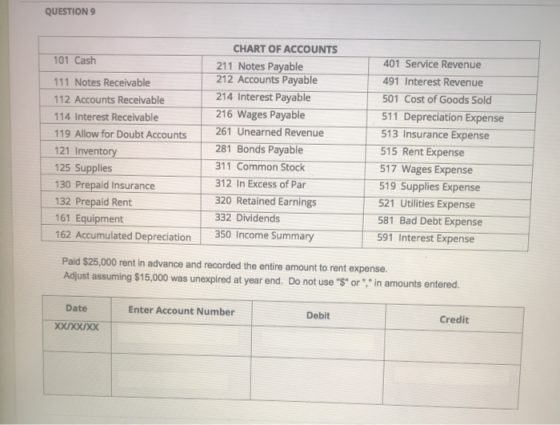 QUESTION 9 101 Cash 111 Notes Receivable 112 Accounts Receivable 114 Interest Receivable 119 Allow for Doubt Accounts 121 Inv