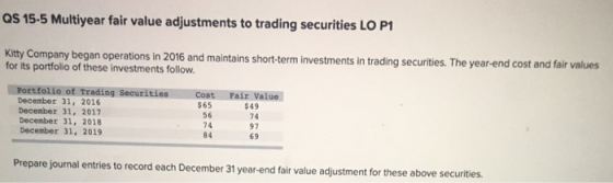 QS 15-5 Multiyear fair value adjustments to trading securities LO P1 Kitty Company began operations in 2016 and maintains sho