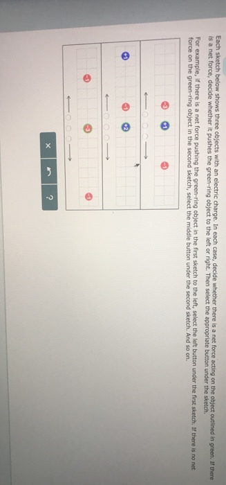 Each sketch below shows three objects with an electric charge. In each case, decide whether there is a net force is a net force, decide whether it pushes the green-ring object to the left or right. Then select the appropriate button under the sketch. acting on the object outlined in green. If there For example, if there is a net force pushing the green-ring object in the first sketch to the left, select the left button under the first sketch. If there is no net force on the green-ring object in the second sketch, select the middle button under the second sketch. And so on.