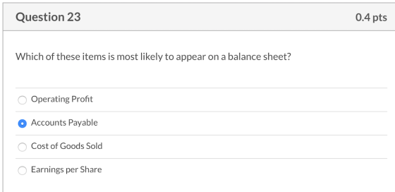 Question 23 0.4 pts Which of these items is most likely to appear on a balance sheet? Operating Profit Accounts Payable Cost