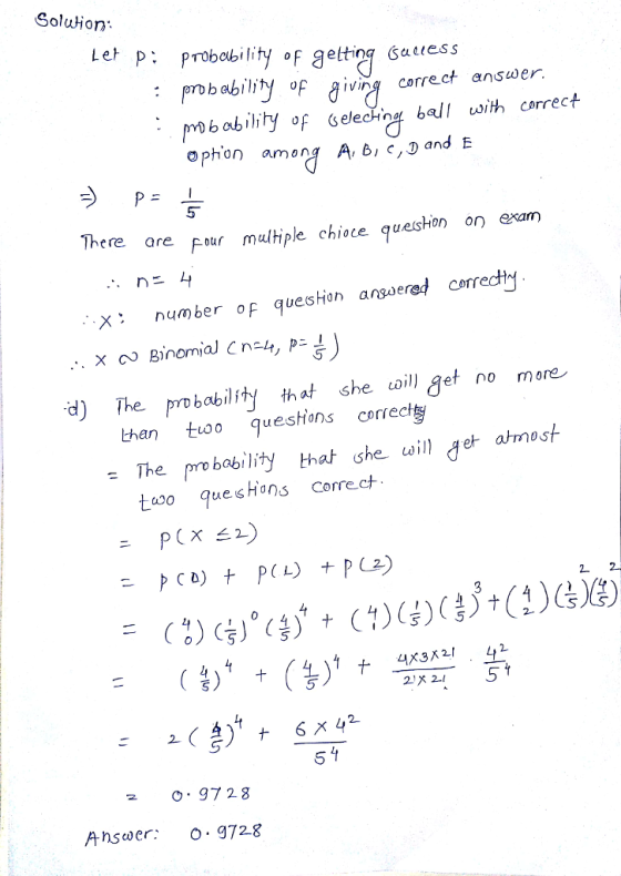 Soluion Le P: PTobobility of etting atuess prbability Fiv carrec ansuer. mb obility of eehn bell with carrect There are Four