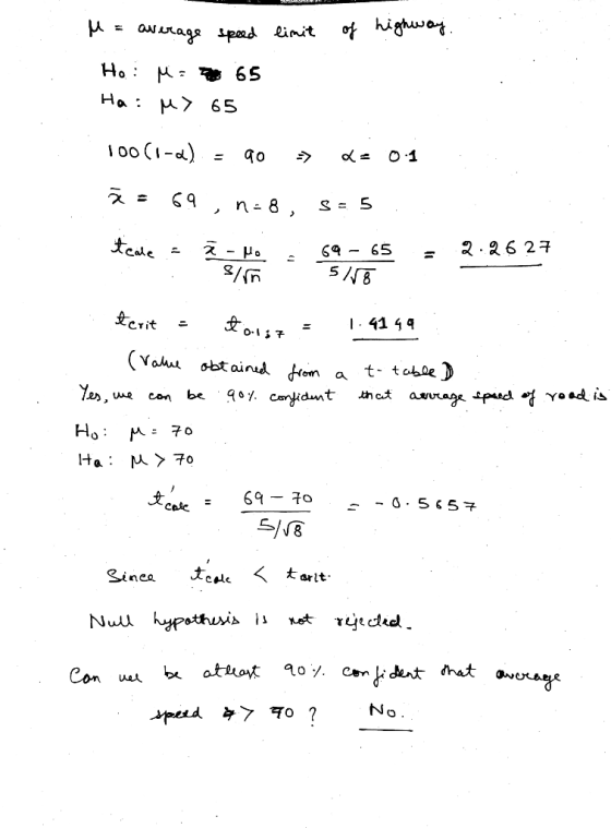 of highway. M = average speed limit Ho: M: 65 Ha: M> 65 518 100(1-0) - 90 -> = 0.1 3 = sq , n = 8 , 9 = 5 tcale = - Mo - 69 –