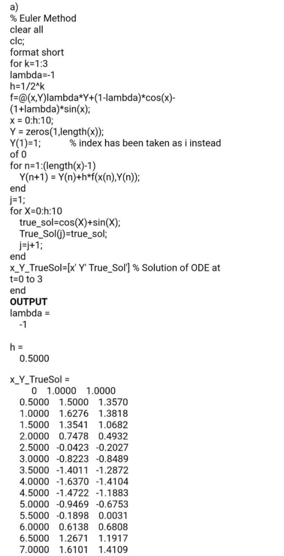 % Euler Method clear all clc; format short for k=1:3 lambda=-1 h=1/2^k f=@(X,Y)lambda*Y+(1-lambda)*cos(x)- (1+lambda)*sin(x);