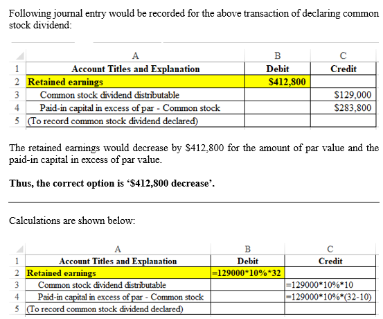 Following journal entry would be recorded for the above transaction of declaring common stock dividend: B Debit $412,800 Cred