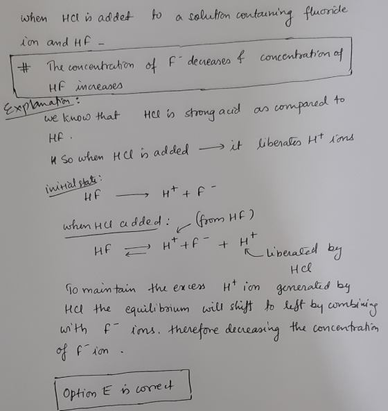 when Hal is added to a solution containing fluoride # of concentration of f- decreases & The concentration HF increases Expla