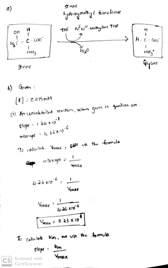 serine hydroxymethyl transferase THE WIN-methylene THE OH H 4c-c-coo - H-c-cool NH3 Glycine Serine 6) Given : (C) = 0.015 MM