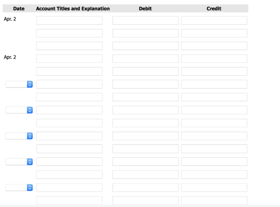 Date Account Titles and Explanation Debit Credit Apr. 2 Apr. 2