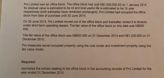 Pro Limited own an office block. The office block had cost N$1,000,000.00 on 1 January 2014. Its residual value is estimated