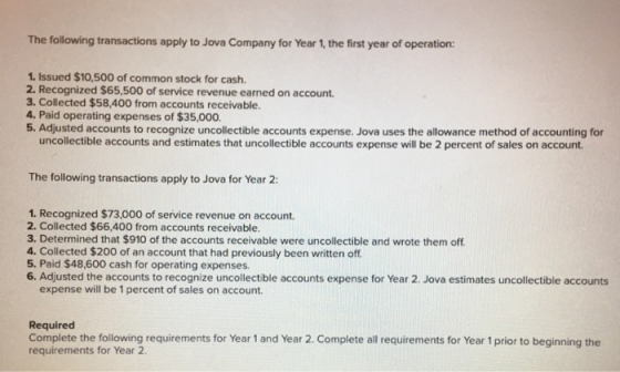 The following transactions apply to Jova Company for Year 1, the first year of operation: 1. Issued $10,500 of common stock f