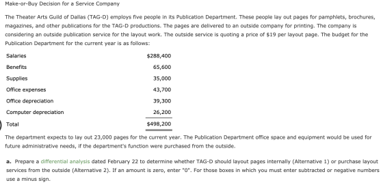 Make-or-Buy Decision for a Service Company The Theater Arts Guild of Dallas (TAG-D) employs five people in its Publication De