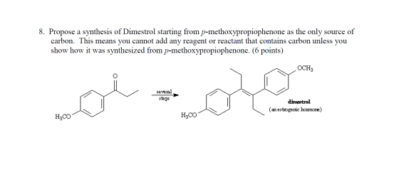 8. Propose a synthesis of Dimestrol starting from p-methoxypropiophenone as the only source of carbon. This means you cannot