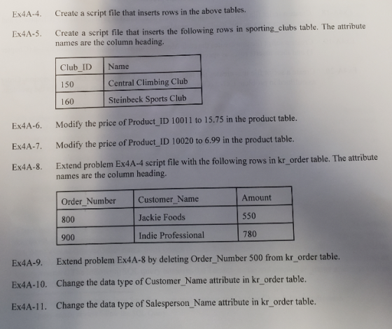 Ex4A-4. Create a script file that inserts rows in the above tables. Ex4A-5. Create a script file that inserts the following r