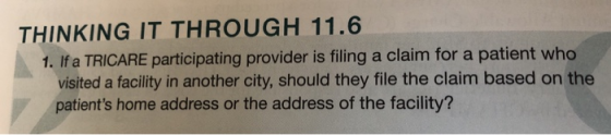 THINKING IT THROUGH 11.6 1. If a TRICARE participating provider is filing a claim for a patient who visited a facility in ano
