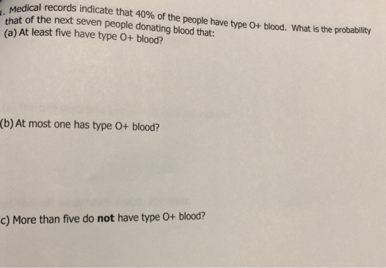 Medical records indicate that 40% of the people have type O+ blood. What is the probability that of the next seven people don