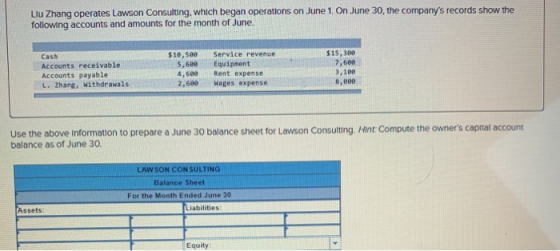 Llu Zhang operates Lawson Consulting, which began operations on June 1. On June 30, the companys records show the following