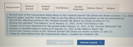 Requirements General Journal General Ledger Trial Balance Income Statement Balance Sheet Analysis 1. Record each of the trans