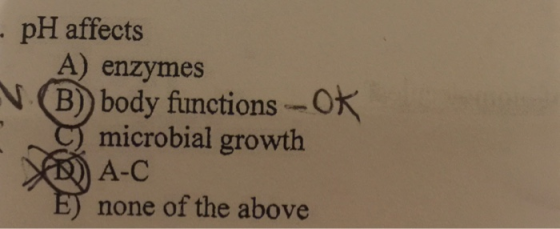 pH affects A) enzymes N B) body fiunctions -ox microbial growth A-C none of the above
