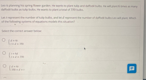 Leo is planning his spring flower garden. He wants to plant tulip and daffodil bulbs. He will plant 6 times as many daffodil