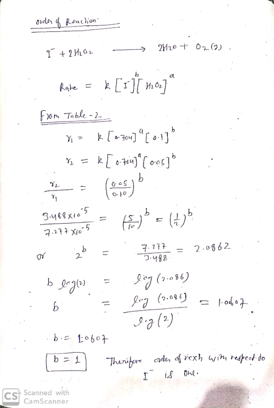 order of Reaction T + 2H202 - H20 + O2(g) . Rate = k [1] 4:08] from Table - 2 Vis * [0.70] [ 0.13 Y, = k [ 344 ( ver] . Se es