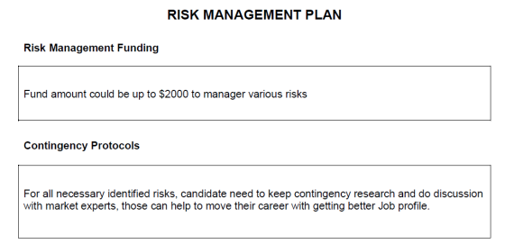 RISK MANAGEMENT PLAN Risk Management Funding Fund amount could be up to $2000 to manager various risks Contingency Protocols