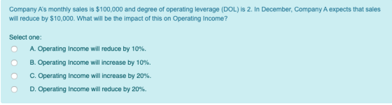 Company As monthly sales is $100,000 and degree of operating leverage (DOL) is 2. In December, Company A expects that sales