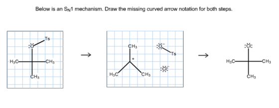 Image for Below is an SN1 mechanism. Draw the missing curved arrow notation for both steps.