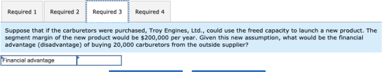 Required 1 Required 2 Required 3 Required 4 Suppose that if the carburetors were purchased, Troy Engines, Ltd., could use the