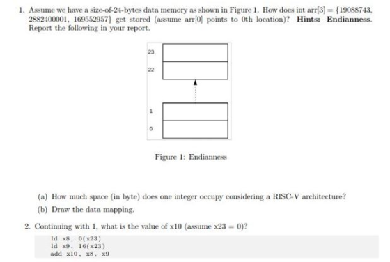 1. Assume we have a size-of-24-bytes data memory as shown in Figure 1. How does int arr3) = {19088743, 2882400001, 169552957)