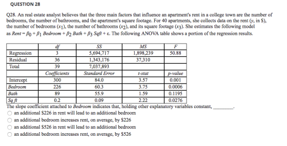 QUESTION 28 Q28. An real estate analyst believes that the three main factors that influence an apartments rent in a college