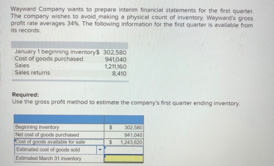 Wayward Company wants to prepare interim financial statements for the first quarter. The company wishes to avoid making a phy