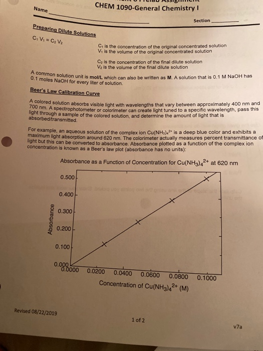 LUIGIO ASSICUL Name CHEM 1090-General Chemistry Section Preparing Dilute Solutions C. V, - CV C is the concentration of the o