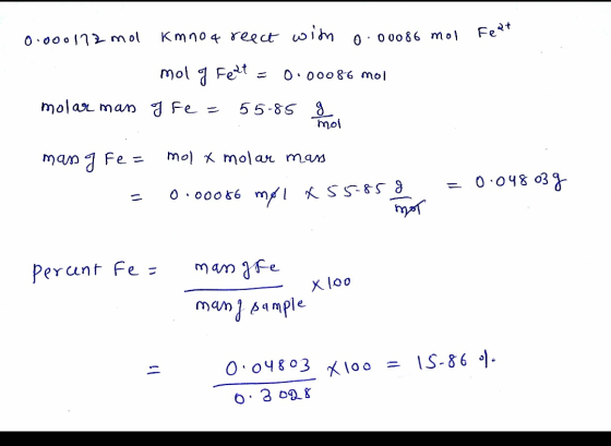 0 o0013mol Kmno4 ree ct im o o0086 mo Fet mol Fet O 000 86 mol mola man 3 Fe = 55-85 mol mam Fe = mo) molan man 0 048 03 SS-&
